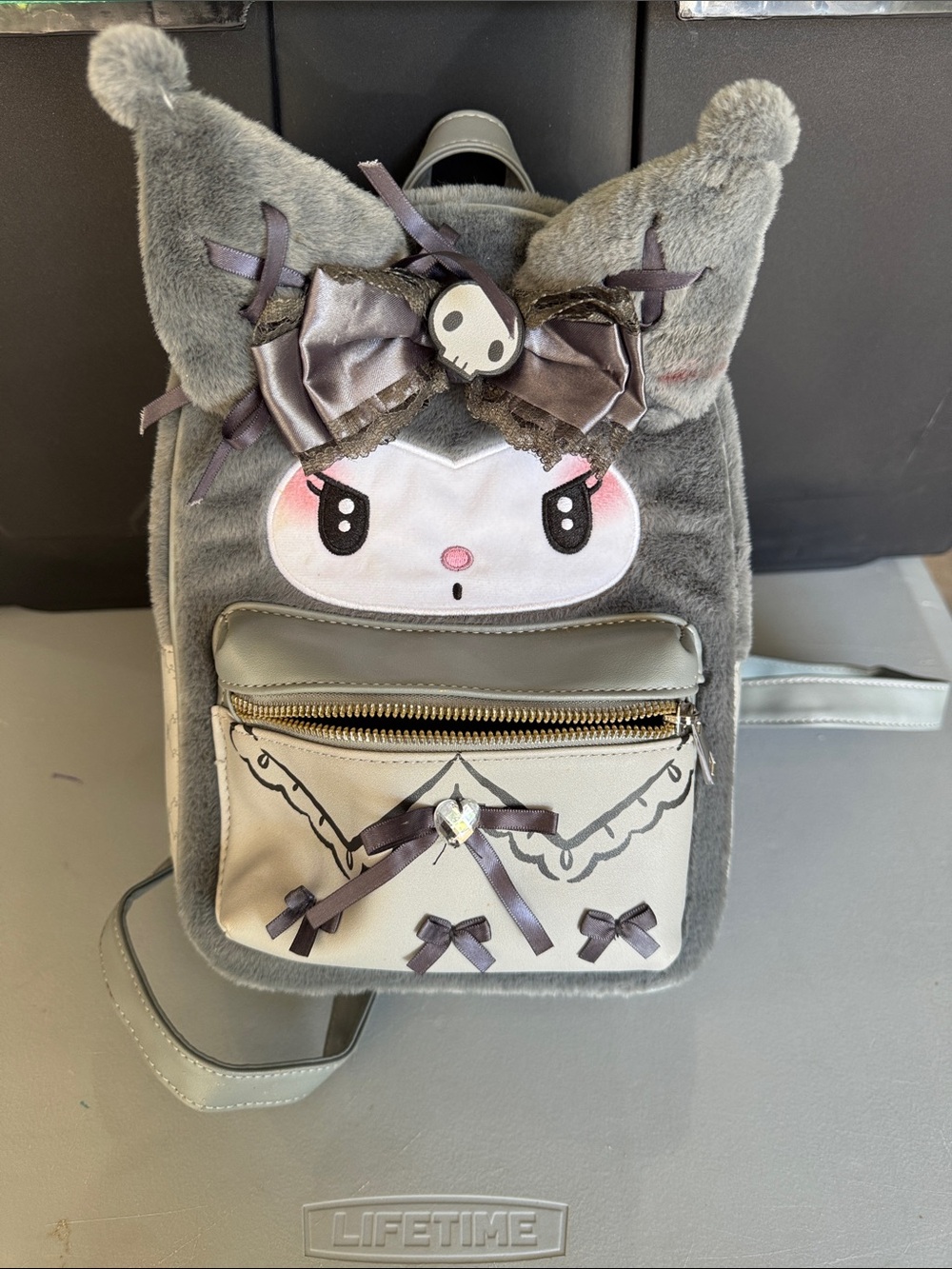 Loungefly Gray Plush Kuromi Character Mini Backpack with Bow Accents